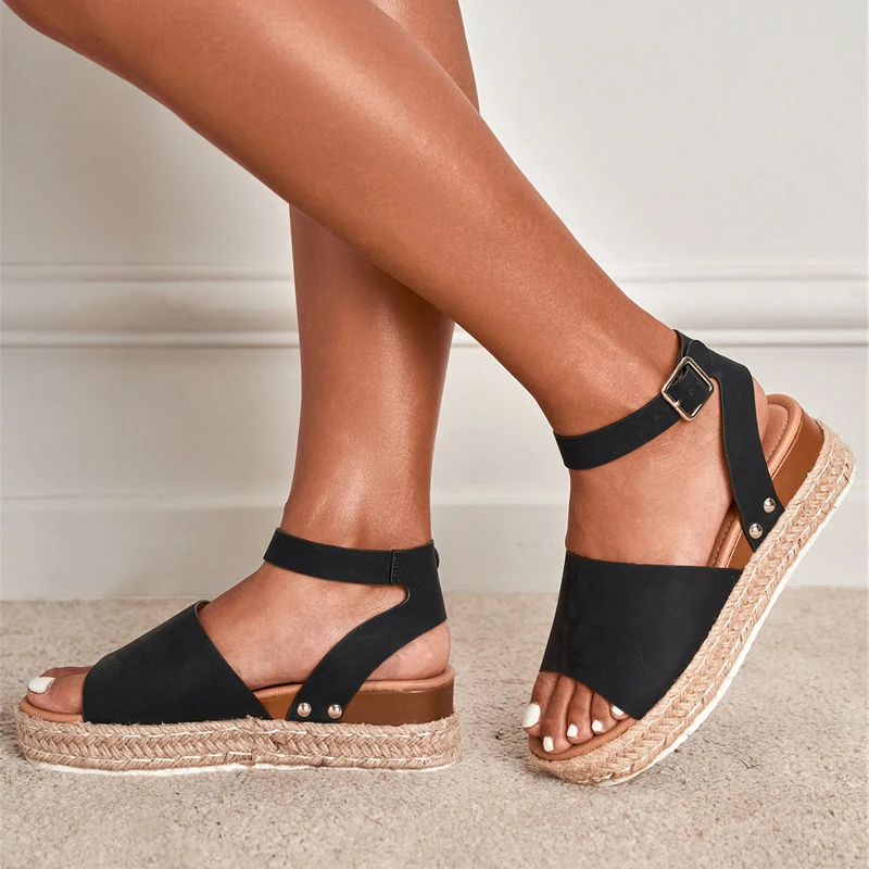 Roman Sandals Women Fashion Leopard Grain Cane Straw Weave Wedge Platform Open Toe Buckle Strap Casual Shoes LADIES SHOES