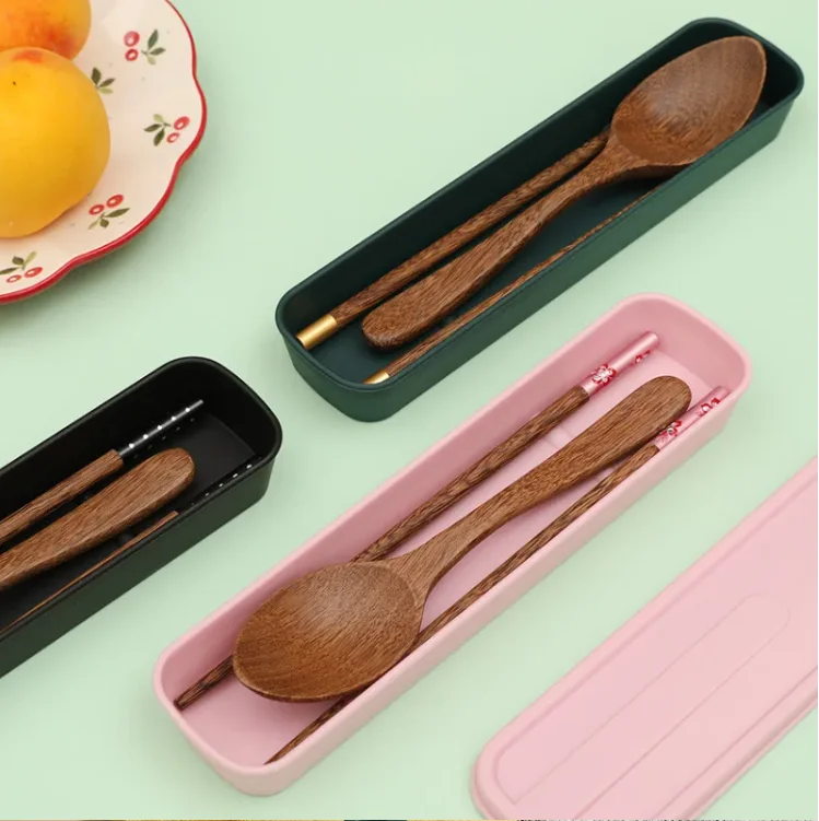 Student travel receive tableware box gift printing LOGO chicken wing wooden chopsticks spoon set Korean portable tableware