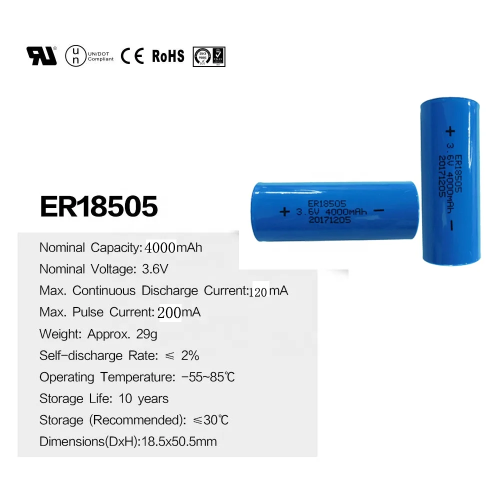 Non rechargeable ER18505 3.6V 4000mAh Primary lithium battery for Ultrasonic flow meter