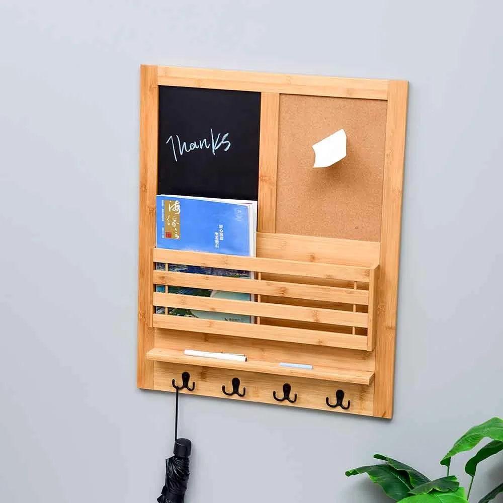 Bamboo Floating Wall Shelf Key and Mail Holder for Wall with Messages Board