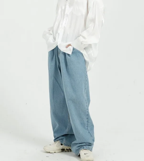 Japanese and Korean Style Loose Washed Pants Wide-leg Skateboard Straight Jeans for Men