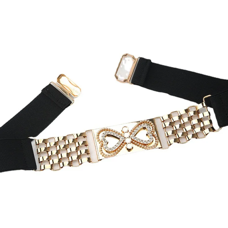 Black Elastic Gold Heart Chain Belts, Lion Head Decoration Stretch Belts for Women