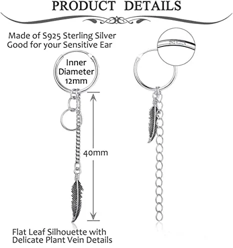 
Long Chain Feather 925 Sterling Silver Hoop Earrings for Women and Men Silver 14K Gold 