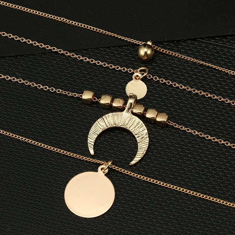 
Wholesale and retail fashion new retro ethnic wind moon horn round plate alloy multi-layer necklace 4 layer alloy necklace 