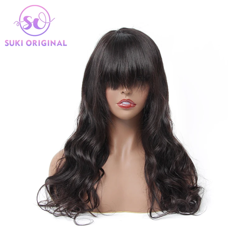 Wholesale Peruvian Virgin 100% Raw Human Hair With Bangs Glueless Non Lace Front Machine Made Wigs Bodywave