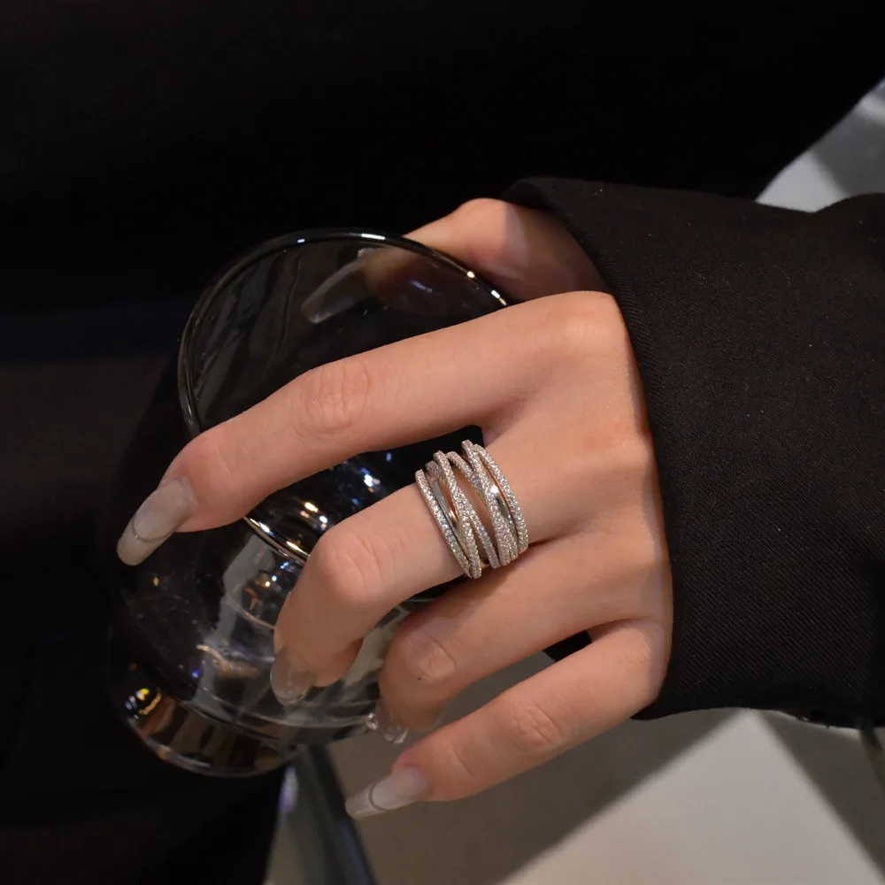 Punk zircon rings womens 13mm wide multi layer weave cz jewelry 925 sterling silver cubic zirconia ring