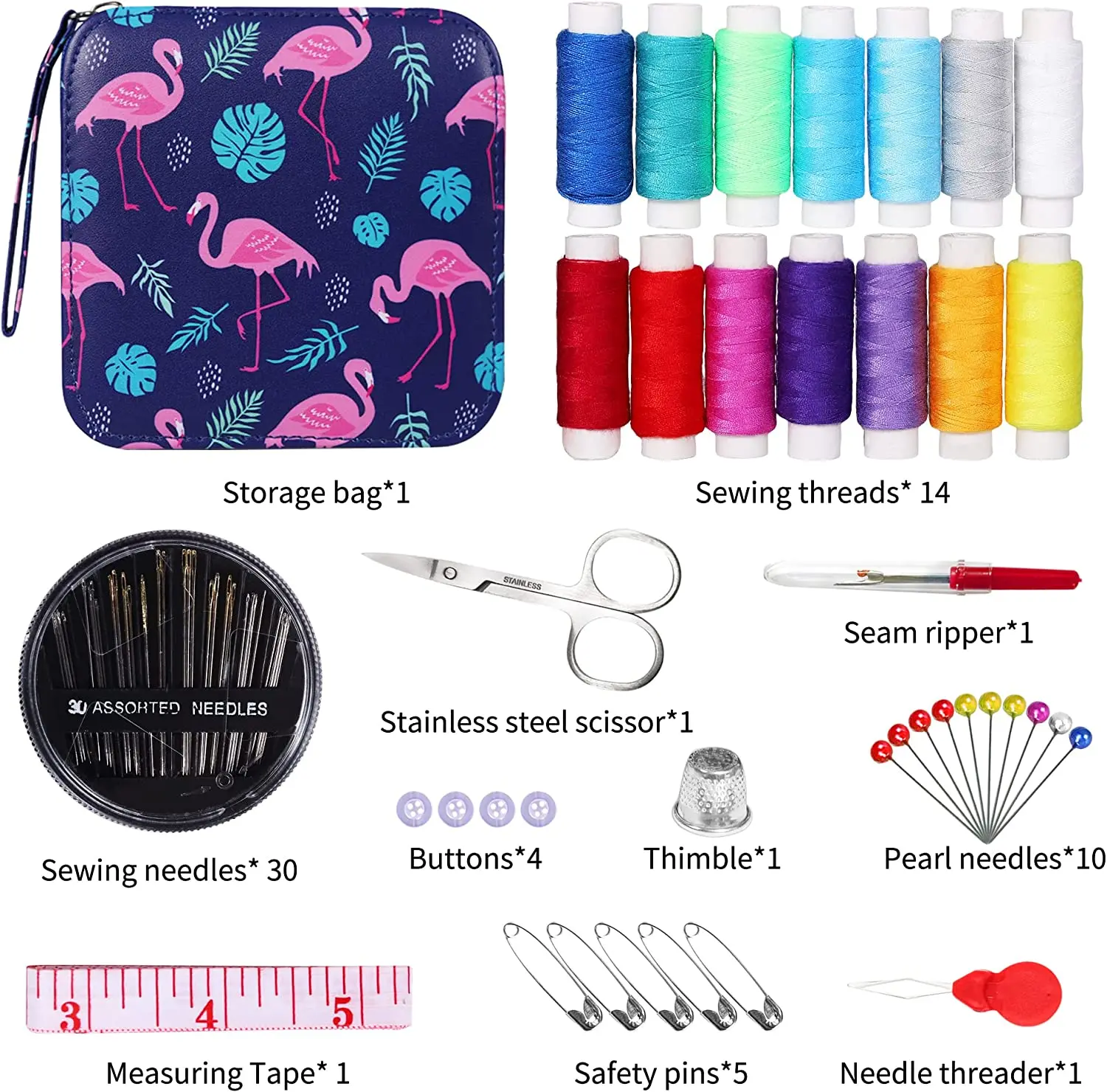 Mini 69pcs  Purple Flamingo Sewing Kit for Beginner,Home Travel and Emergency Sewing Supplies, Contains 14Pieces 75m Spools
