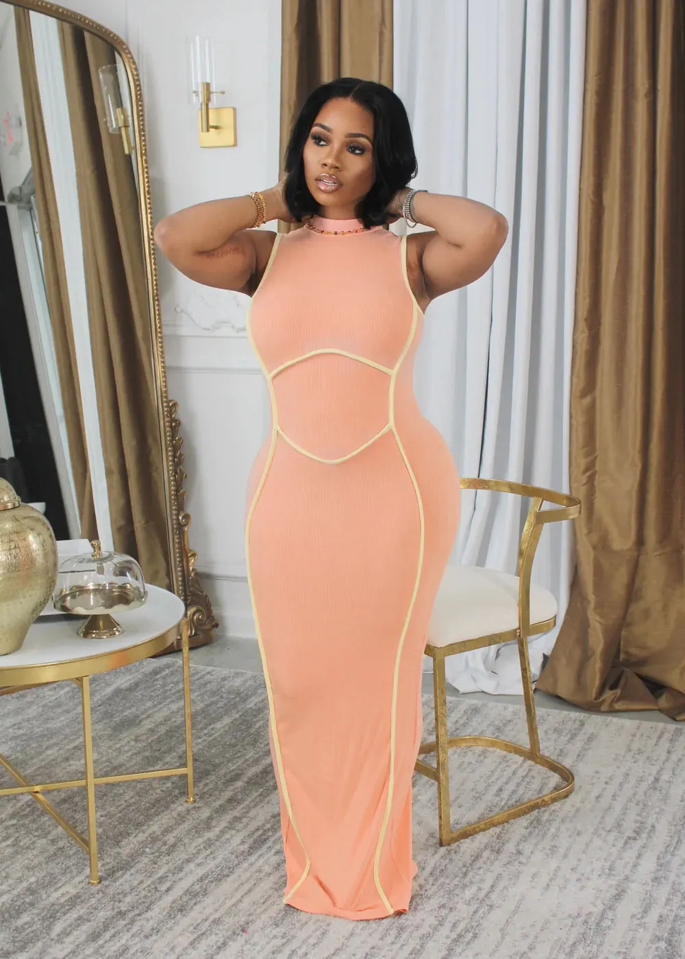 Fashion design summer stretch high collar sleeveless dress sheath bodycon dress long floor dress