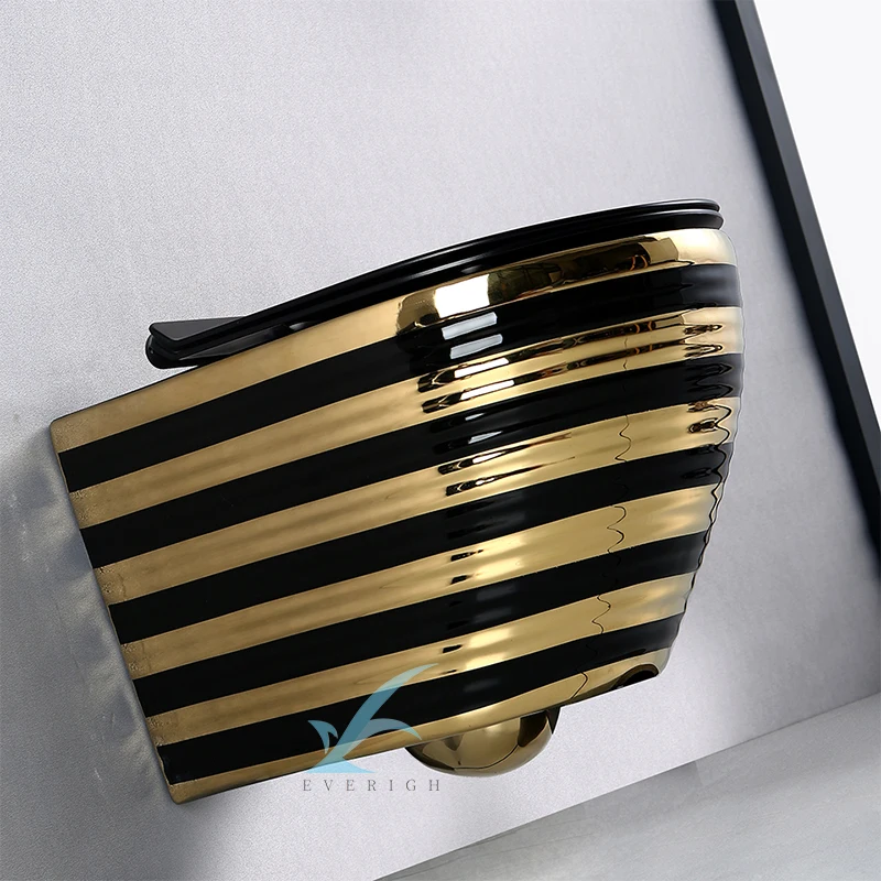 New Design Small Luxury Black Gold Plated Toilet Bowl Gold Classical Wall-Mounted Toilet Bathroom Wall Hung Toilet