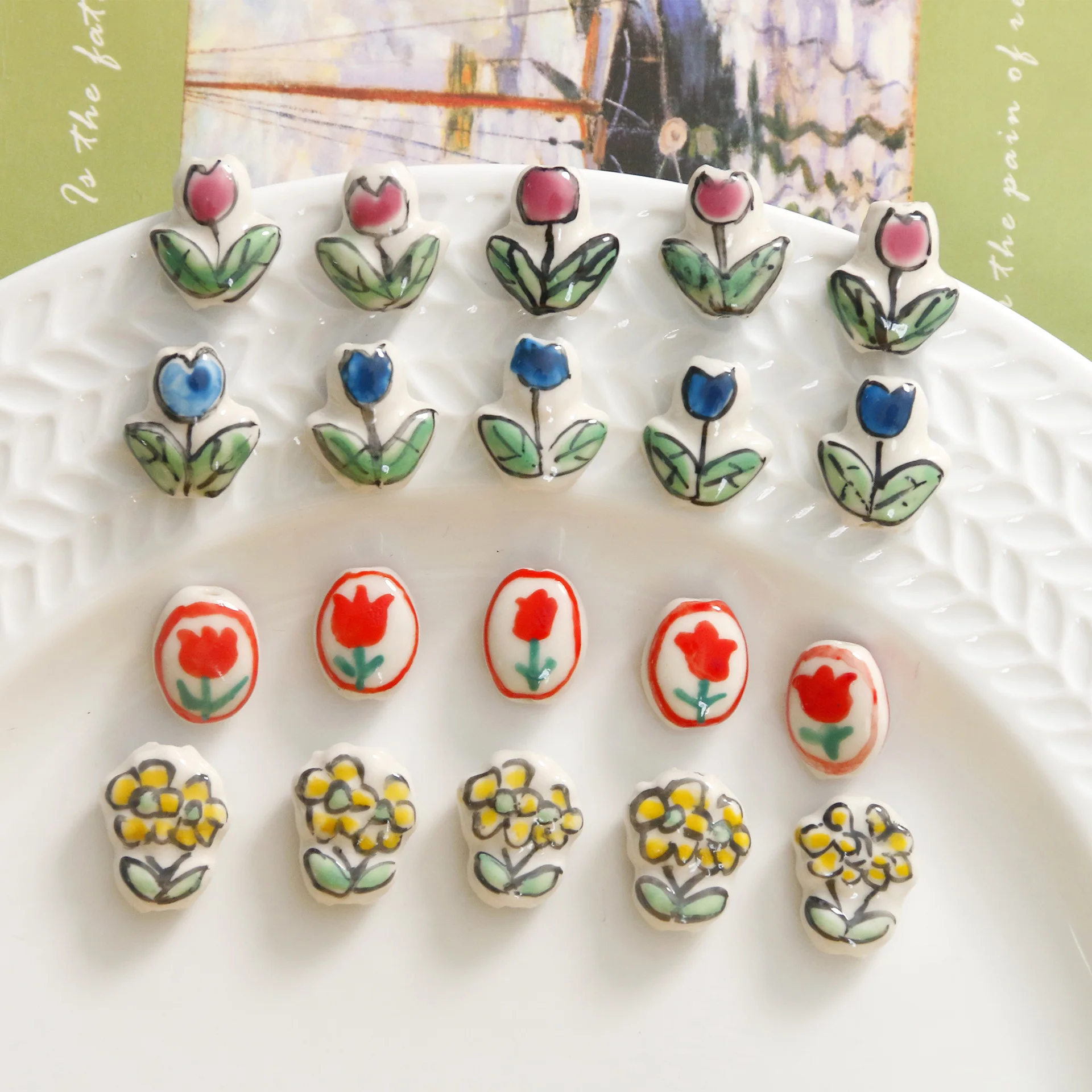 14.5x11.5mm Hand Painted Tulip Rose Flowers Ceramic Beads For Jewelry Making DIY Porcelain Beads Earring Pendant Accessory