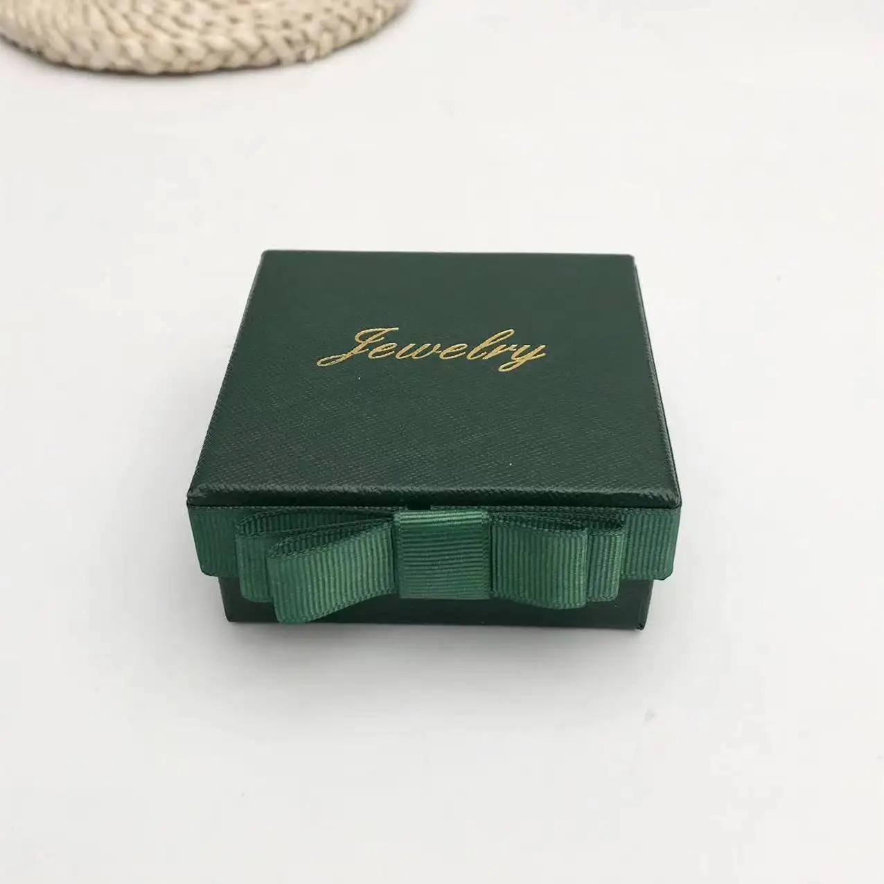 Luxury customized print logo bowknot green paper box with foam insert soft touch fashionring jewelry packaging