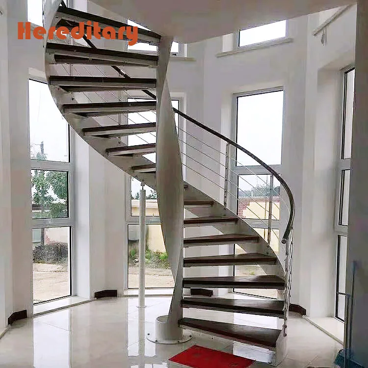 Prefabricated residential steel spiral stairs with thick wood stair treads