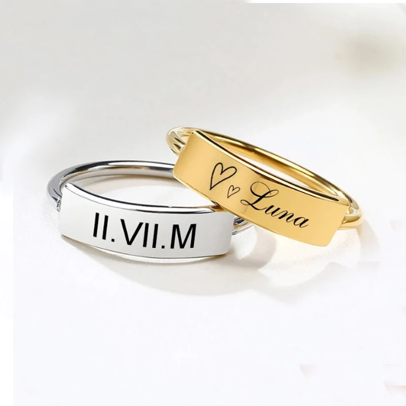 Custom Signet Ring Fashion Women Jewelry Engraved Name Number Personalized Rectangle Stamp Band Stainless Steel Finger Ring