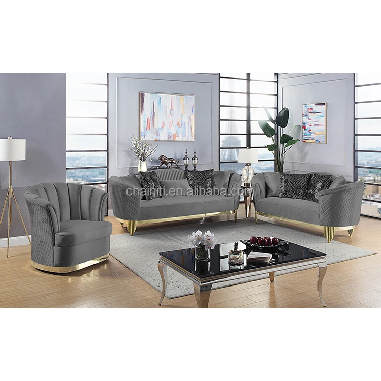 DongGuan Factory Chainiti Wholesaler Furniture Luxury Modern  Living room Sofa Set With Gold Stainless