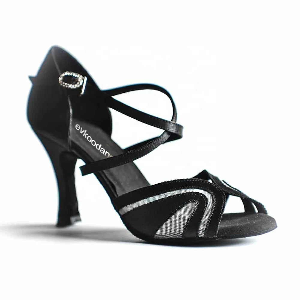 Evkoodance Brand Women 7cm Heel Black Satin With Mesh Latin Salsa Ballroom Dance Shoes for Dancing  New Arrival Size US 4-12