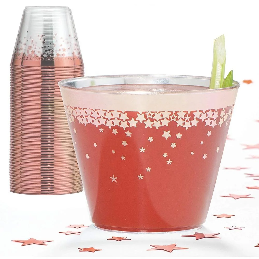 Elegant Rose Gold Rimmed 9 oz Clear Plastic Tumblers Cup
