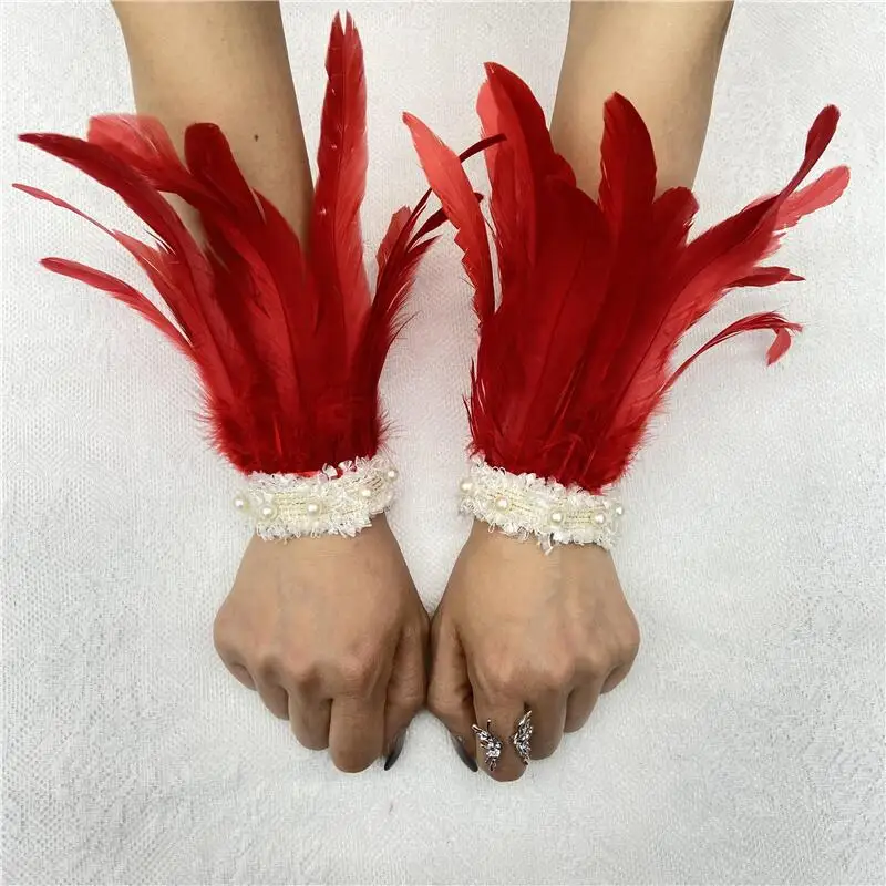 Feather Bracelet Pearl Lace Chicken Feather Bracelet Cuff Halloween Costume Accessories