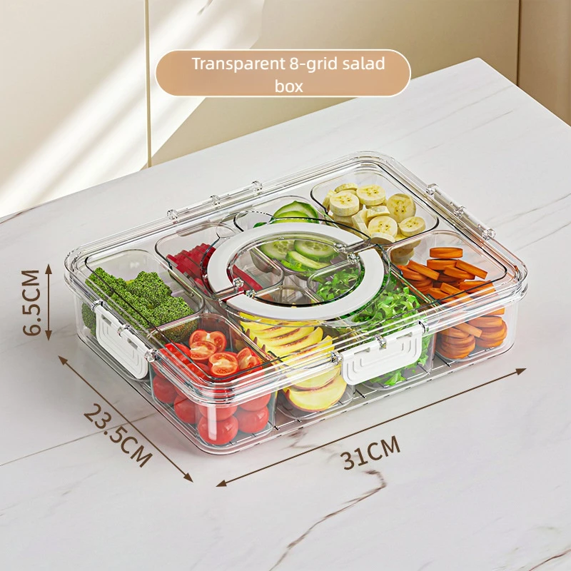 Kitchen PET Material Durable Stackable Transparent Food Storage Containers Clear Divided Serving Tray with Lid & Handle