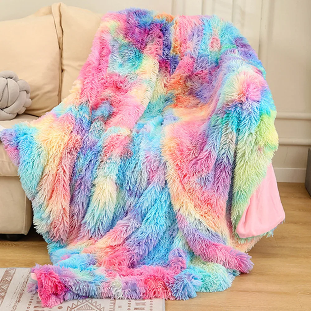 Tie dye long wool blanket Winter double gift blanket sofa rainbow blanket