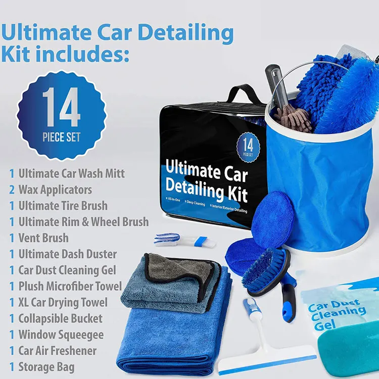 hot sale blue car Washing kits Microfiber Cloth Towel Brush Clean Vehicle washer Car cleaning kit