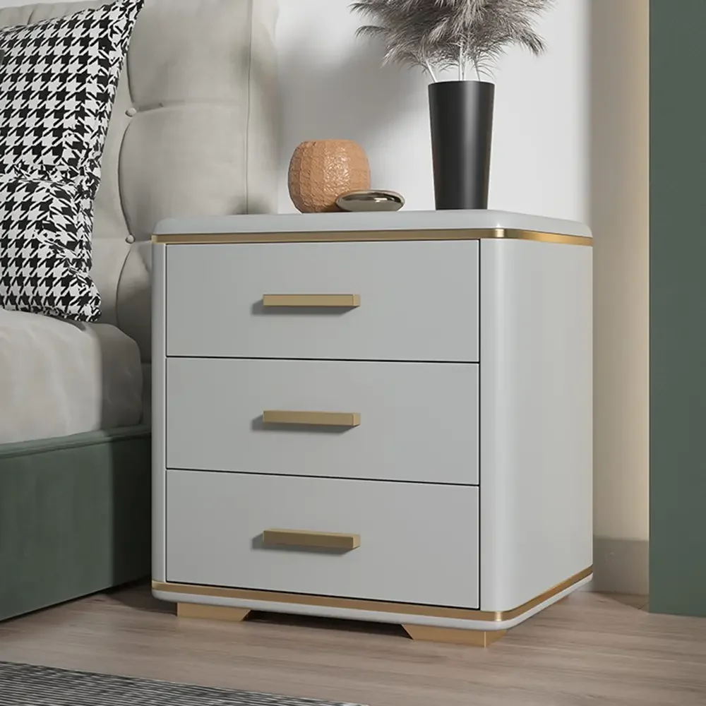 Luxury Nordic Bedroom furniture Nightstand White Gold Khaki cream color Solid Wood MDF 3 Drawers Bedside Tables