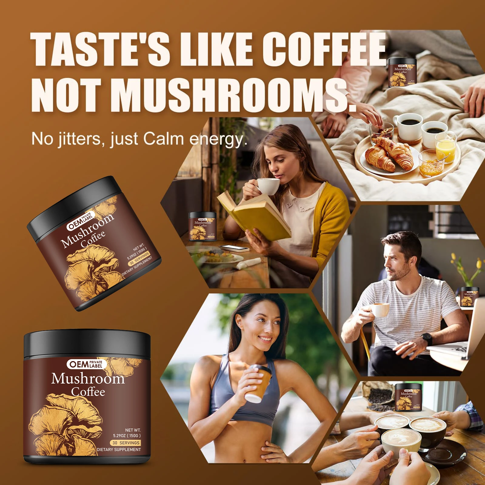 Private Label Mushroom Coffee Organic Instant Coffee MCT Oil Cordyceps Lions Mane Turkey Tail 10 Mushroom Complex Powder