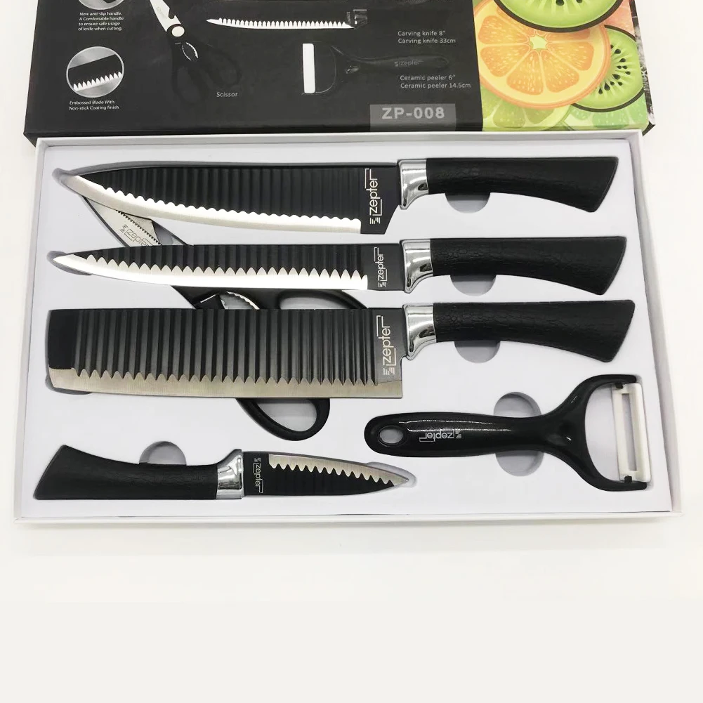Amazon Hot sale Professional 6pcs kitchen knife set stainless steel black coating blade with non-stick and PP
