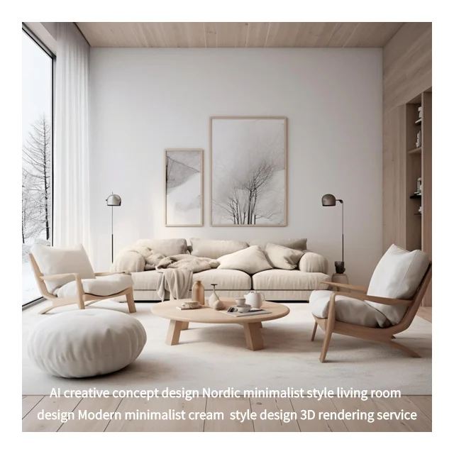 AI Creative Concept Design Nordic Minimalist Style Living Room Design Modern Cream Style Design 3D Rendering Service
