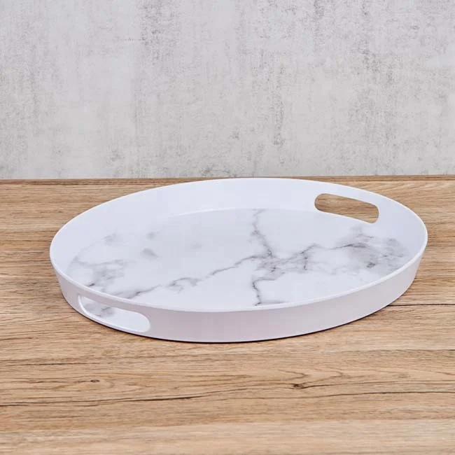 Round Shape White Marble Pattern Plastic Serving Trays Melamine Trays With Handle