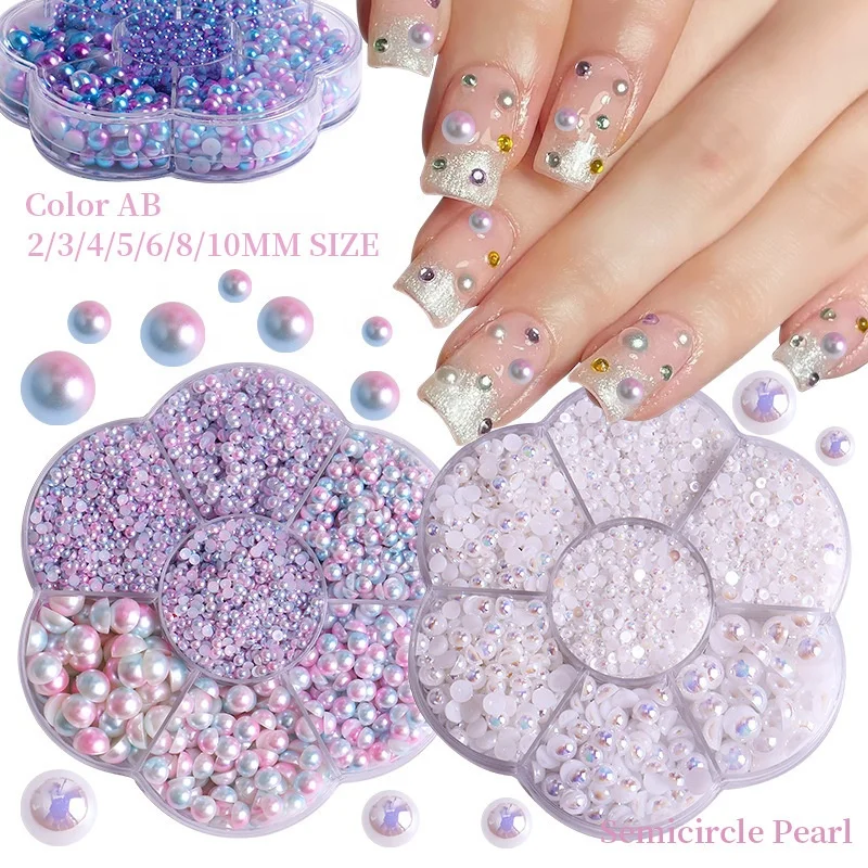 7 Grid Flower Box Pearl Manicure Flat Colorful AB Semicircle Pearl Diamond 5600PCS/Box Nail Art Rhinestone Jewelry Decorations