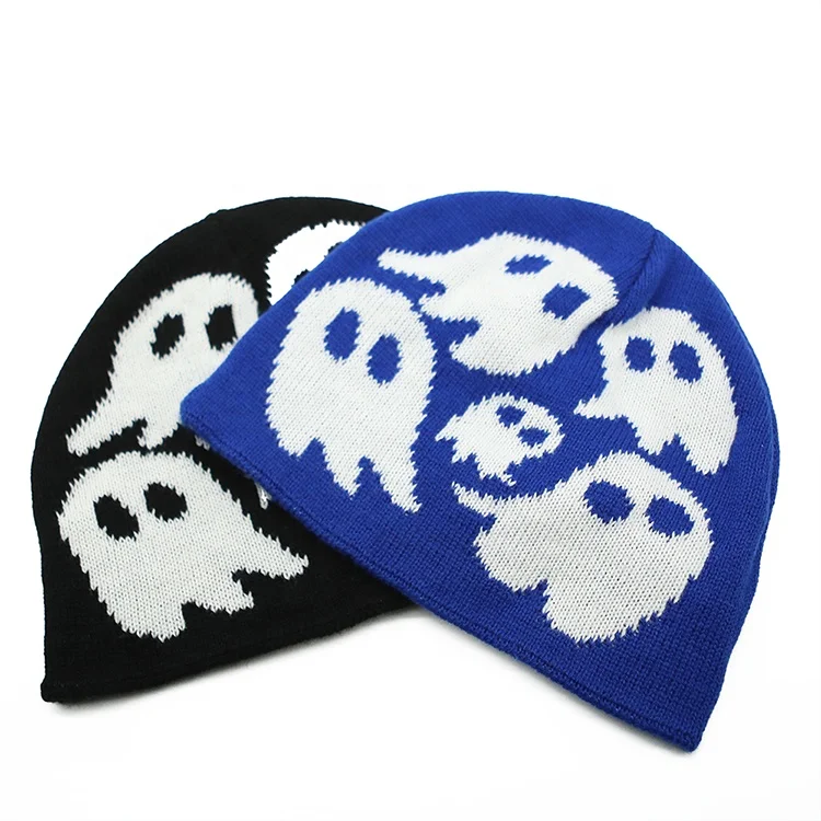 Funny Halloween Pumpkin Ghost Skull Knitted Beanie Hat Custom Logo Jacquard Short Touques Stripe Winter Caps Men Women Gifts