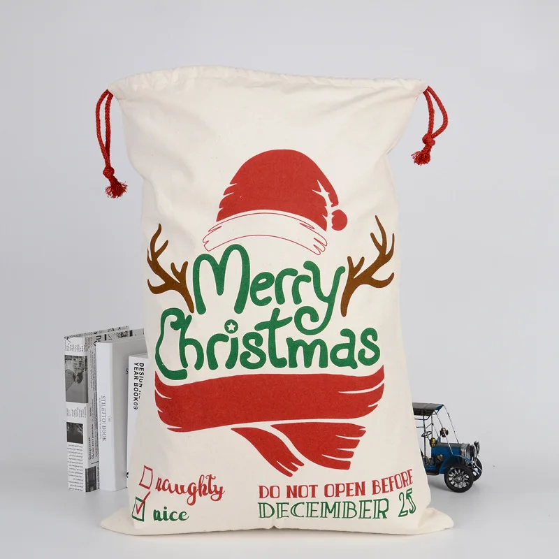 Red Cotton Canvas Custom LOGO Printed Sublimation Christmas Gift Packaging Bag Santa Sack with Drawstrings