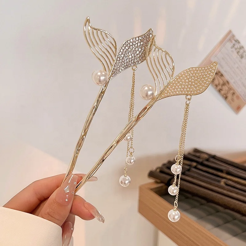 2022 new high-end beauty fish tail tassel hair hairpin pearl rhinestone chinese hairpin hair stick