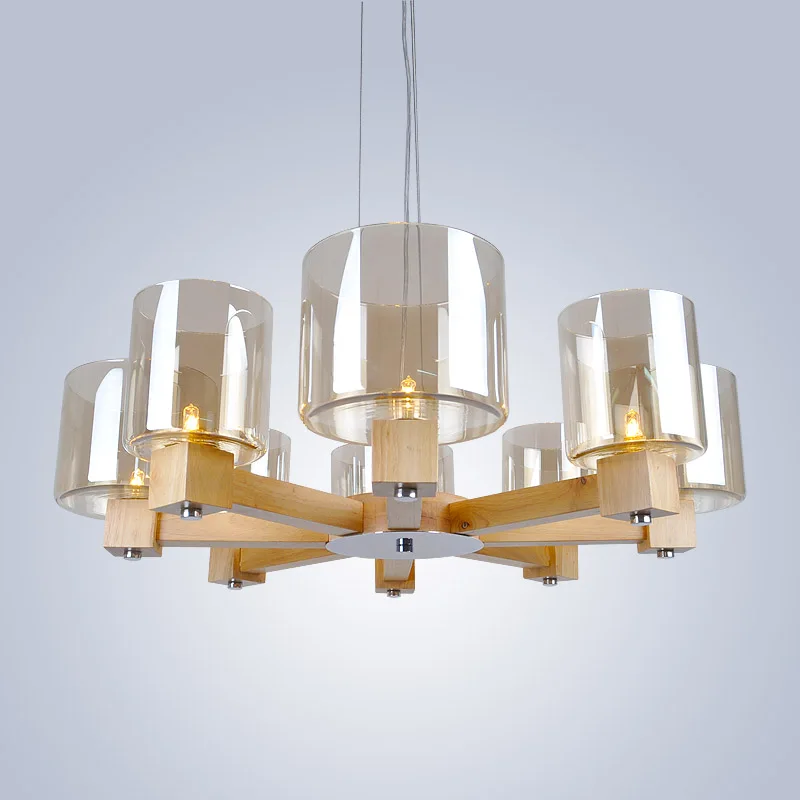 Vintage Wholesale natural wooden E27 4 6 8 lights glass shade Ceiling Chandelier LED  Pendant Hanging lamp for home dining room