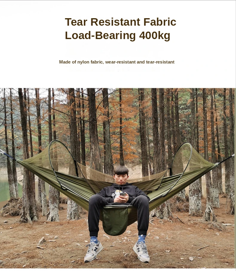 Automatic Quick-opening Outdoor swing Anti-rollover Nylon Rocking Chair 260x140cm Camping Pole Hammock with Mosquito Net