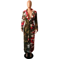 Wholesale Ladies Outdoor Wear Turn Down Collar Belt Camo Patchwork Trench Coat Women Long Windbreaker Jacket