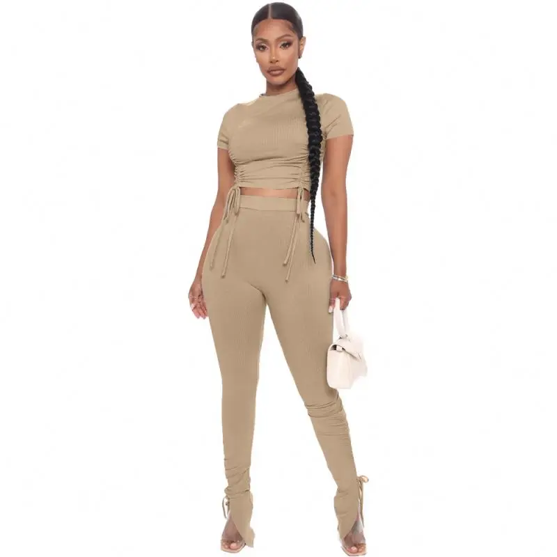 Summer 2022 Custom Logo Clothing Sets Pleated Lace-Up Crop Tops Jogger Set For Women Two Piece Pants Sets