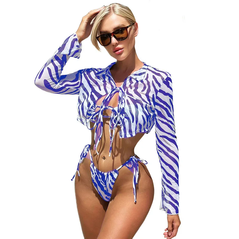 Summer Long Sleeve Mesh Transparent Bikini Micro Mini Lace up Printed Bikini Women 2023 Bikinis Set Woman Swimwear Beachwear