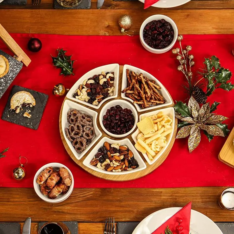 Wholesale Bamboo Lazy Susan Rotating Tray Lazy Susan Turntable with Ceramic Dishes 12 Inch Round Spinning Platter for Party