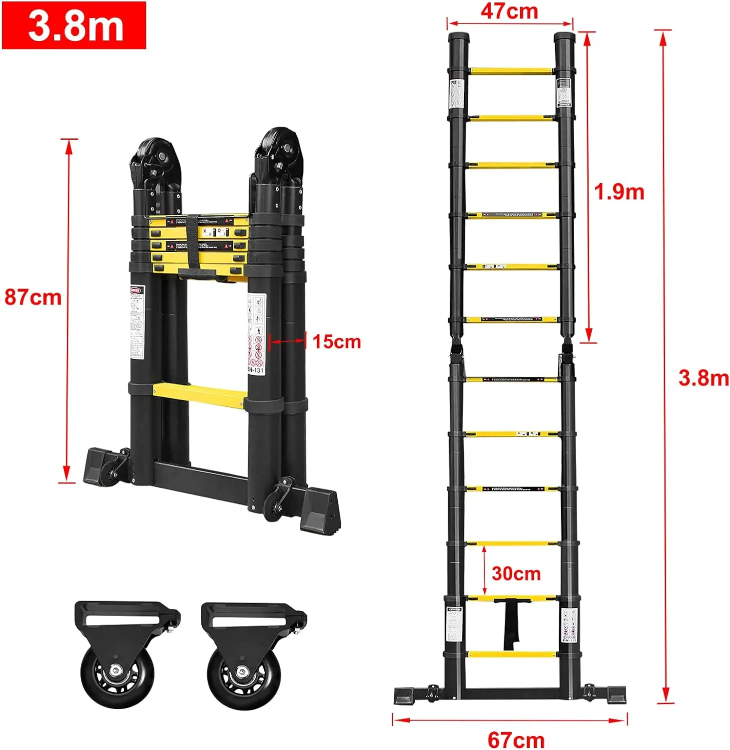 Heavy Duty Articulated Retractable 1.9+1.9meters Aluminium Ladders A Type With Hinges