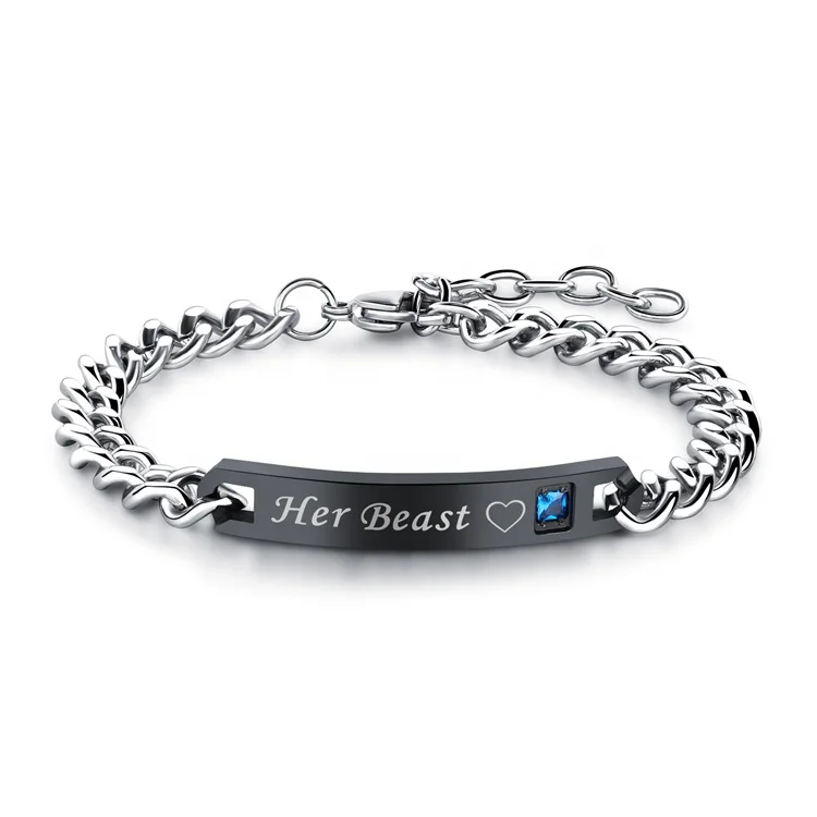 In Stock Her Beast & His Beauty Engraving Couple Bracelet Fashion Romantic Lovers Gifts Zircon Crystal Chain Bracelet