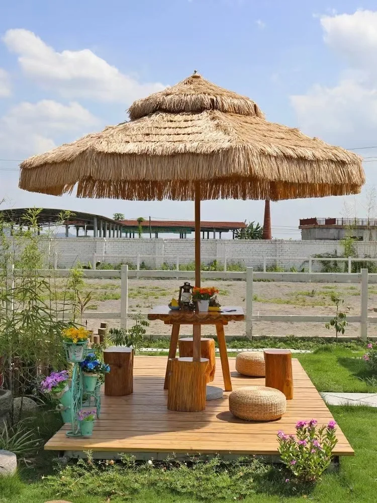 High Quality Backyard Beach Sun Protected Parasol Straw Double Top Thatch Wood Umbrella