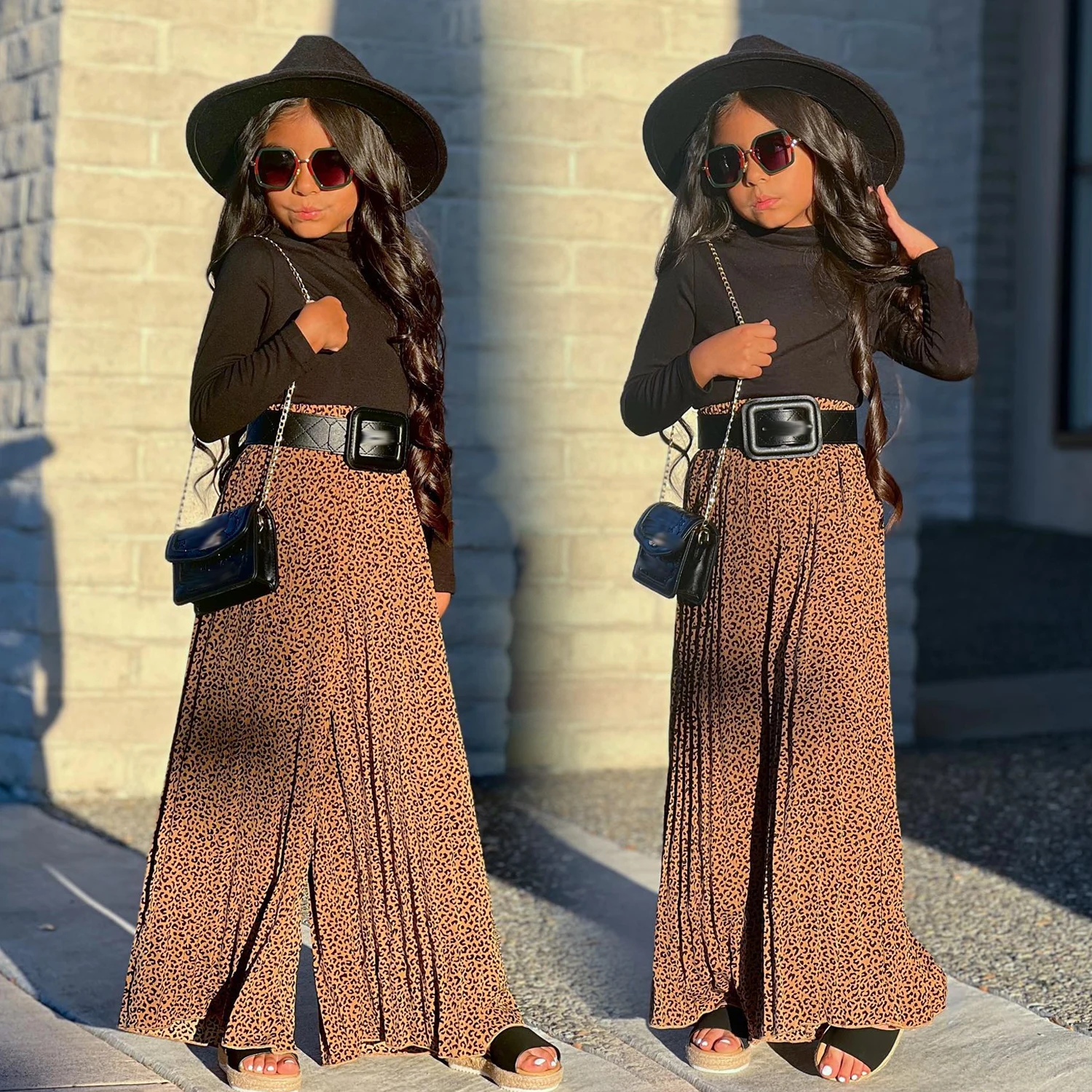 Girls Autumn Clothes Wide Leg Pants Two-Piece Set In Stock Leopard Print Set Pleated Pants + Long Sleeve Shirt Clothes Autumn