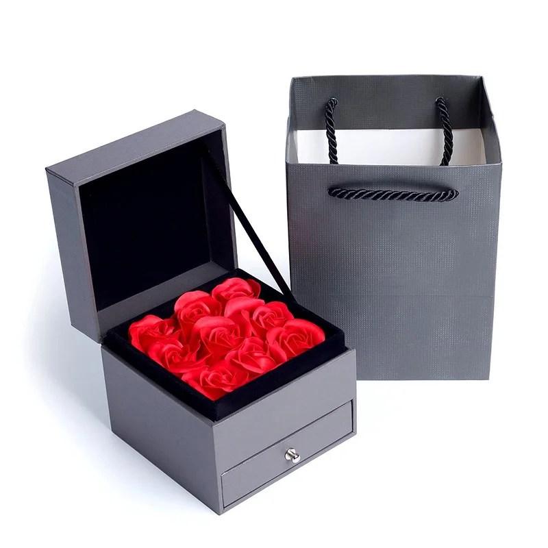 Custom two levels rose double door jewelry box for valentines set green i love you flower luxury gift box