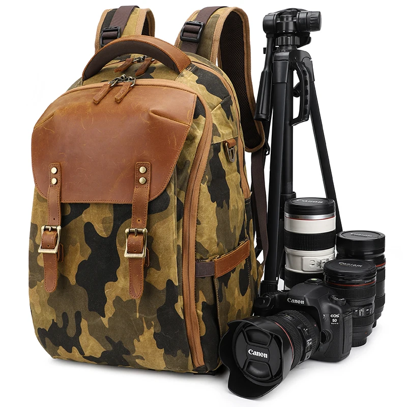 Waxed Canvas Leather Camo Camera Back Pack Large Digital DSLR SLR Camouflage Camera Backpack for Photographers