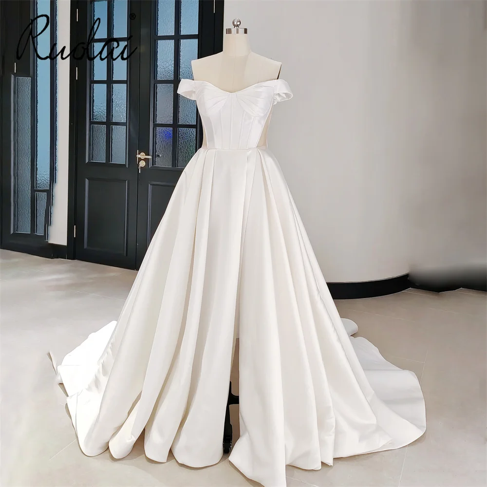 Ruolai QD06377 Corset Sleeveless Mikado Off Shoulder Bridal Wedding Gowns Dress with Slit for Bride