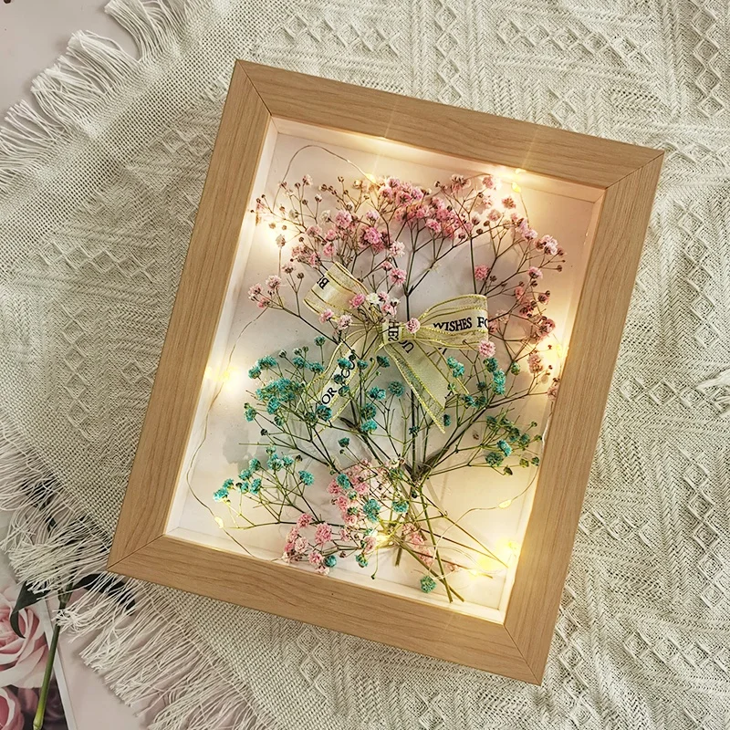 Высушенная Цветочная витрина со светодиодными лампами деревянного цвета черного и белого 8x10 дюймов Подарочная светодиодная рамка для теневой коробки