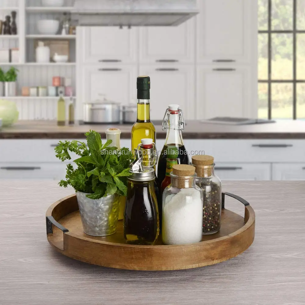 Minimalist Custom Storage Tray Display Round Lazy Susan Serving Tray Round Mango Wood Serving Tray With Handle