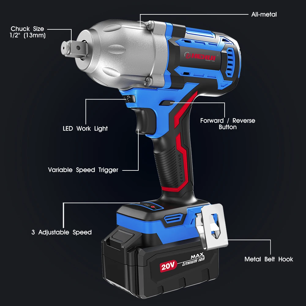 Hehui Customized 20V Air Impact Wrench Cordless Max Torque 600Nm Brushless Impact Wrench