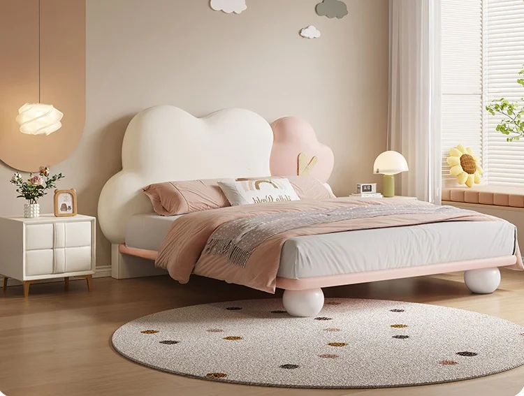 Single Child Bed with Real Leather & Solid Wood Frame Comfortable Bedroom Bedding Set Modern Design by Tree Model